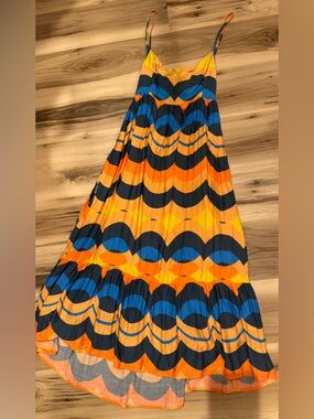 Victoria + Sophia Vibrant Orange Blue  Retro Patterned Maxi Dress Medium